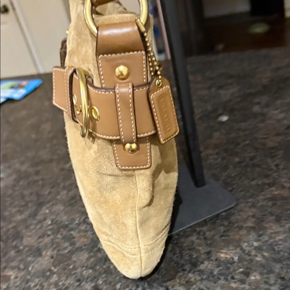 Coach Tan Suede SoHo Buckle Shoulder Bag with Buckle Accents